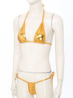 Womens Brazilian Micro Bikini Swimsuit Biquini Set Lacing Non-Padded Triangle Cup Bra Top with G-String Metallic Shiny Swimwear