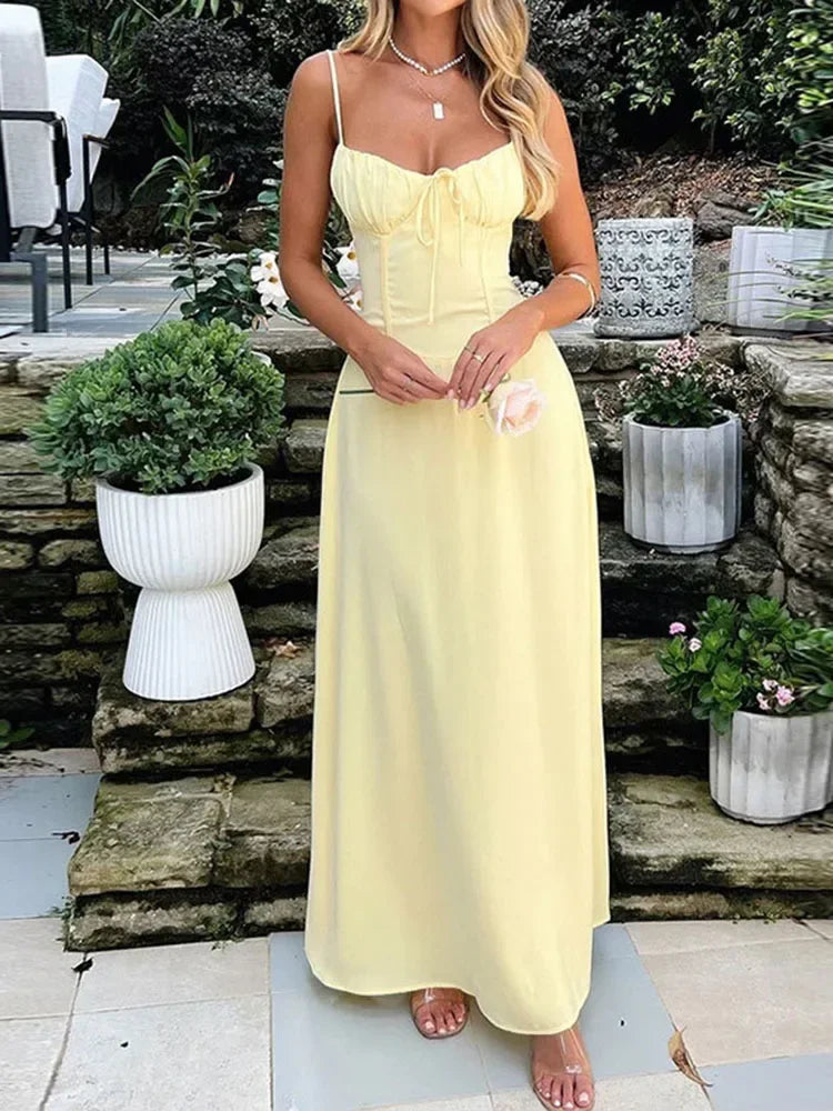 Elegant Strappy Backless Long Dress Women's Summer Fashion Round Neck Smocked Solid Color Slim Evening Dress Long Dress Main image
