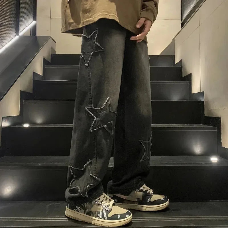 Xpqbb Y2K Vintage Streetwear Jeans Women Harajuku Star Aesthetic Wide Leg Denim Trousers High Waist Unisex Couple Straight Pants