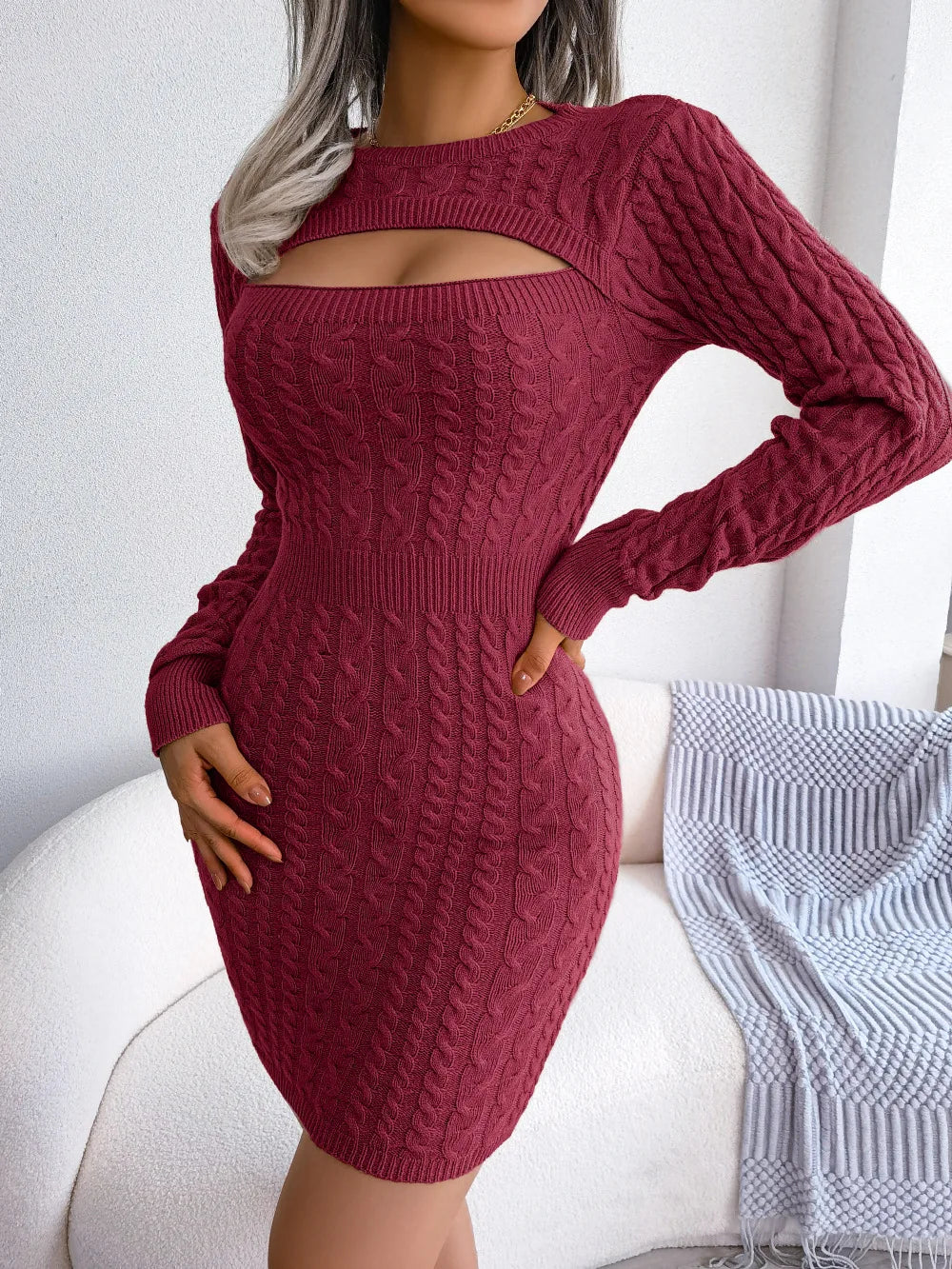 VigoCasey 2026 Blue Casual Short Knit Dress Autumn Winter Women Long Sleeve Dress Sexy Lady Solid Hollow Bodycon Knitted Dresses