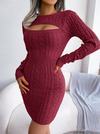 VigoCasey 2026 Blue Casual Short Knit Dress Autumn Winter Women Long Sleeve Dress Sexy Lady Solid Hollow Bodycon Knitted Dresses