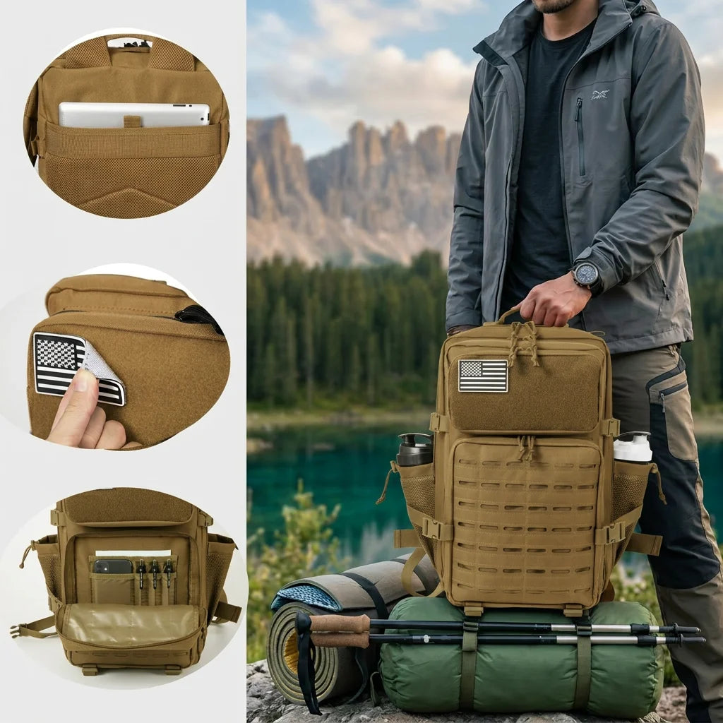 45L Large Capacity Tactical Hunting Backpack For Men With MOLLE Webbing System Dual Cup Holders Outdoor Survival Hiking Camping Rucksack For Wilderness Trip Travel Daily Work Commute Outdoor Camping Activities Gear Storage Ba