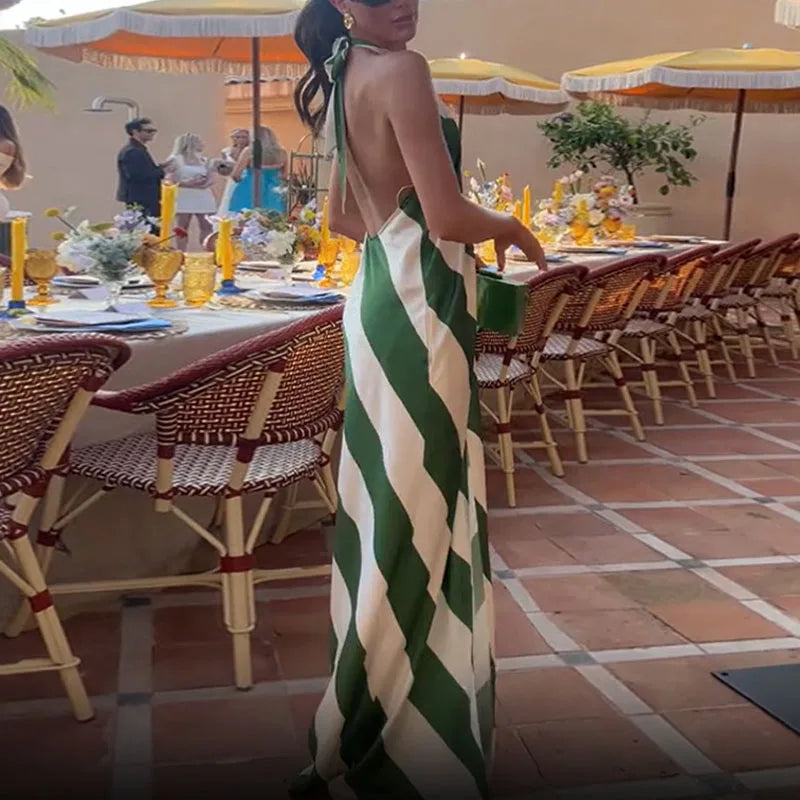 2026 New Elegant Halter Striped Womens Holiday Dress Chic Pleated Sleeveless Bohemian Dress Sexy Backless Hollow Out Party Dress