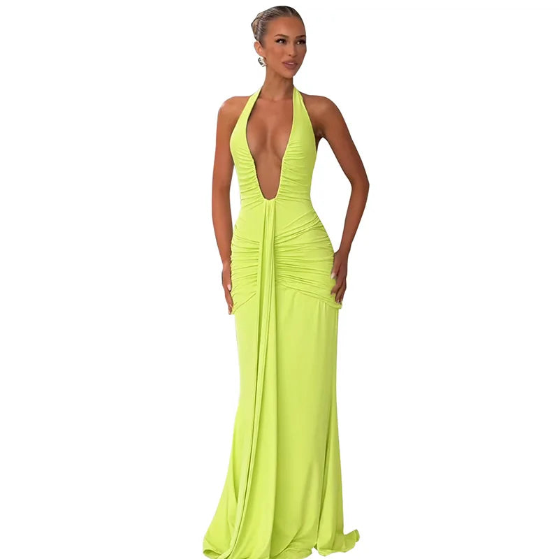 Sexy Deep V-neck Backless Halter Maxi Dresses Women's Sleeveless High Waist Bodycon Pleated Robe 2026 New Evening Party Gown