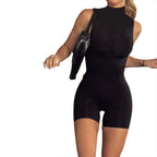 Women Summer Bodycon Jumpsuit Playsuits Mock Neck Sleeveless Skinny Short Romper Skinny Sport Bodysuit