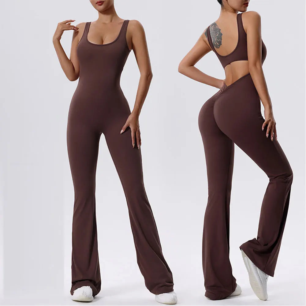 V Back Scrunch Gym Set Women Sport One-Piece Suit Yoga Suit Flared Pants Women Sports Jumpsuit Fitness Rompers Workout Bodysuits Main image