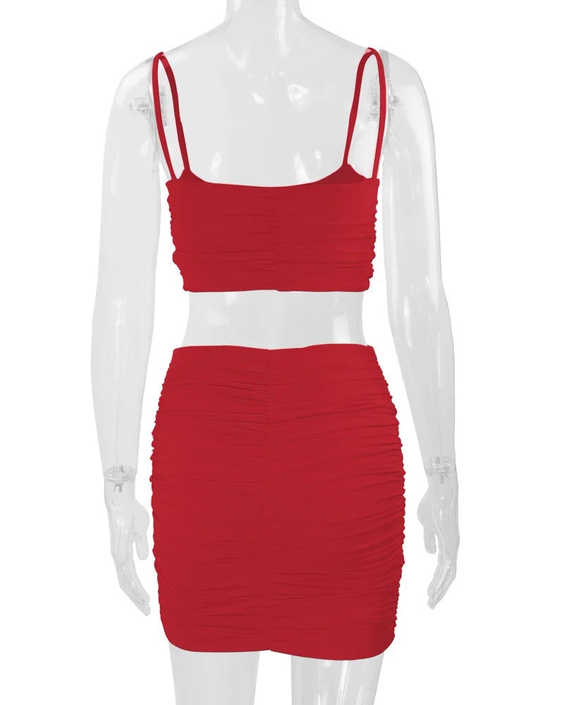 Women's New Sexy Sleeveless Strap Small Tank Top Short Top Fashion Wrinkle Bag Hip Skirt Two Piece Set