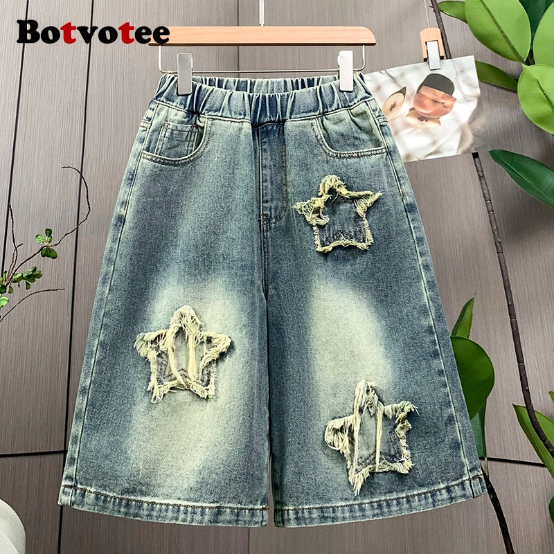 Botvotee Y2k Fashion Vintage Star Summer Denim Short Jeans for Women High Waisted Wide Leg M-3XL Blue Shorts Streetwear Jeans Main image