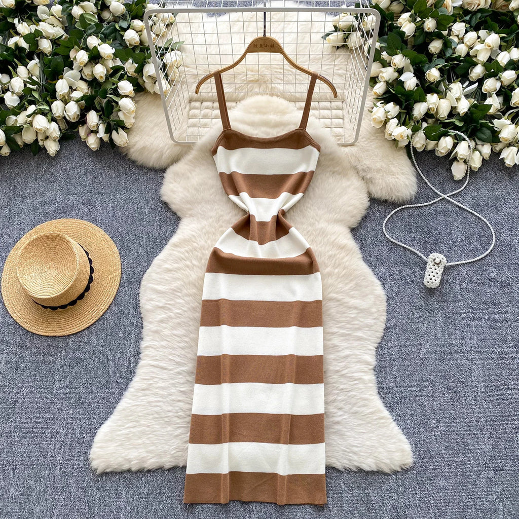 2025 & 2026 Lady New Stripes Ins Fashion Sexy Package Hips Bodycon Dress  Summer Knitted Spaghetti Straps Outfits Maxi Long Women Dress