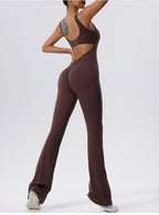 V Back Scrunch Gym Set Women Sport One-Piece Suit Yoga Suit Flared Pants Women Sports Jumpsuit Fitness Rompers Workout Bodysuits