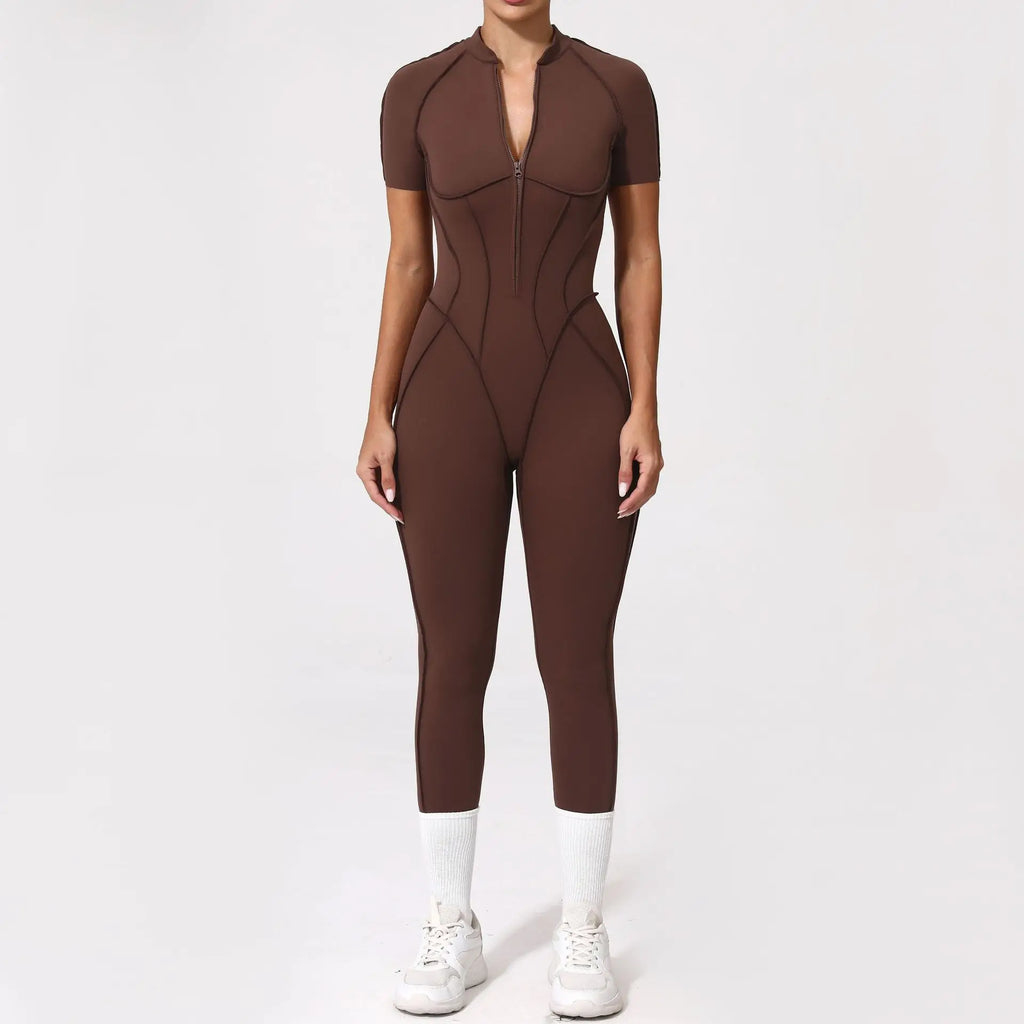 Seamless Yoga Jumpsuits Sports Fitness Zipper Hip-lifting Short-sleeved Backless Dance Workout Gym Shorts Bodysuits for Women