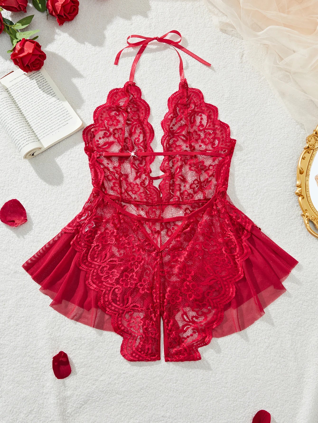 Plus Size 4XL Erotic Backless Deep V Sexy Lingerie Transparent Floral Lace Women Night Dress Teddy Babydoll Crotchless Underwear