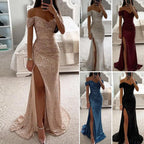 2026 Elegant Off-shoulder Gown Dress V-Neck Sequin Pleated Short Sleeve Waist Tight Maxi Dress Split Evening Party Prom Dress