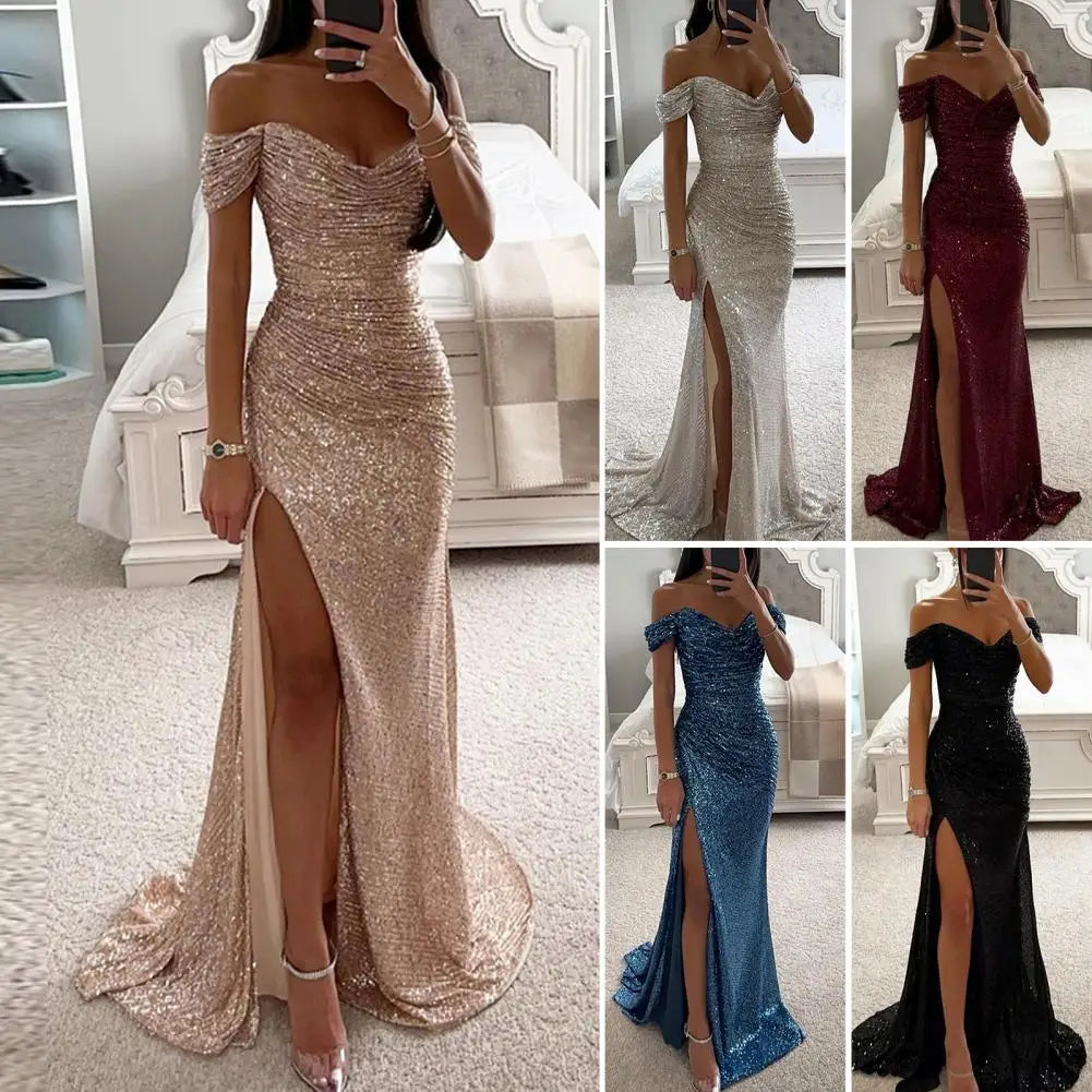 2026 Elegant Off-shoulder Gown Dress V-Neck Sequin Pleated Short Sleeve Waist Tight Maxi Dress Split Evening Party Prom Dress