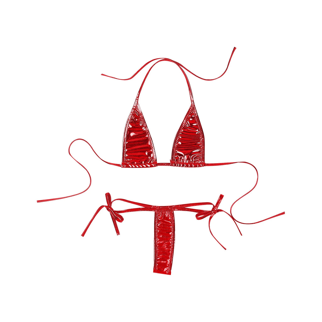 Womens Brazilian Micro Bikini Swimsuit Biquini Set Lacing Non-Padded Triangle Cup Bra Top with G-String Metallic Shiny Swimwear