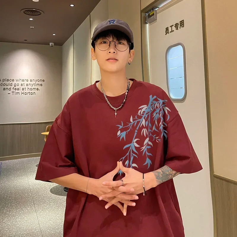 Men's Oversized T-shirts Mens Cotton T Shirt White 5XL Casual Summer Wear Fashion Bamboo Print Tee Shirts for Men Clothing Secondary image