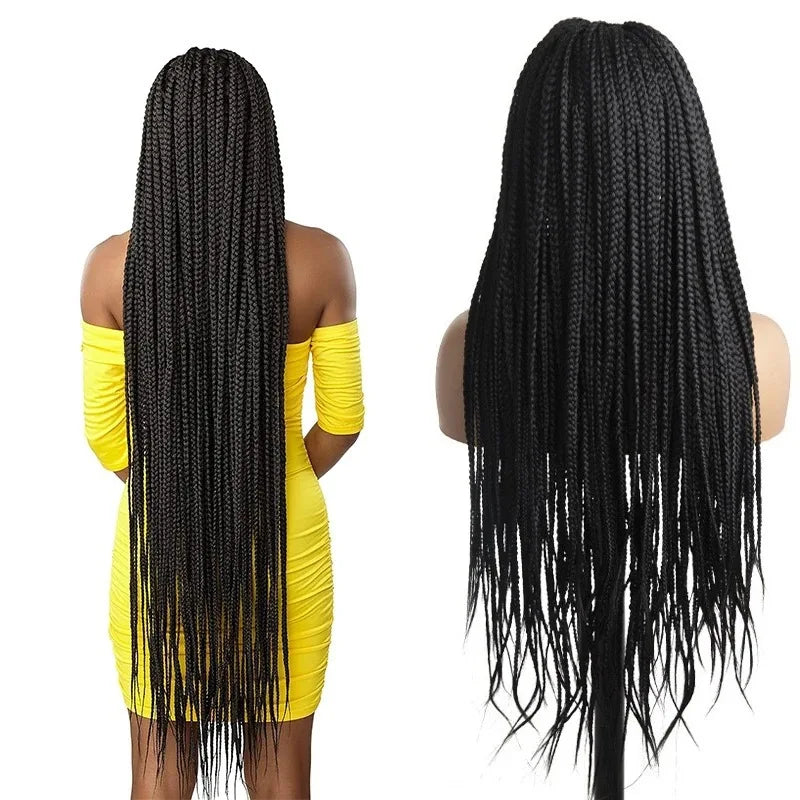 Synthetic 36 inch Lace Front Knotless Braided Wigs Black Box Braid Wig with Baby Hair Blended Lace Frontal Box Braided