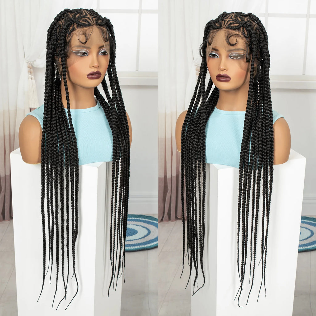 36in Full Lace Cornrow Braided Wigs Synthetic Natural Braiding Hair Wigs Box Braided Lace Wigs with Baby Hair for Black Women