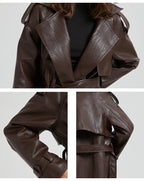 Lautaro Spring Autumn Extra Long Brown Pu Leather Trench Coat for Women Sashes Luxury Chic Overcoat Runway European Fashion 2024