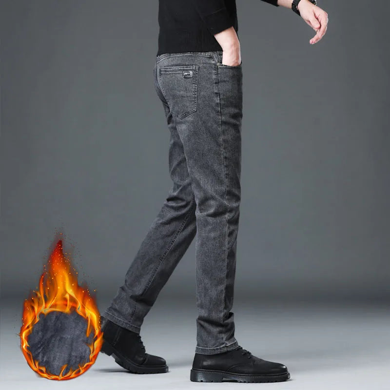 Men's Fleece Elastic Jeans Thick Warm Slim Fit Business Trousers Classic Solid Color Fashionable High-quality Trend Cozy Pants Secondary image