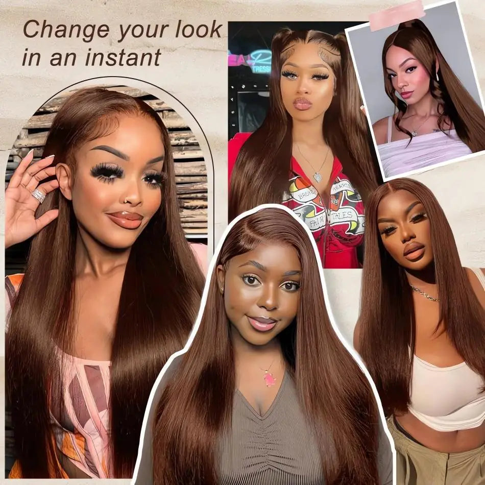 Chocolate Brown Straight 13X6 Hd Lace Frontal Wig Colored 100% Human Hair 13X4 Lace Front Wigs For Women Preplucked 30 36 Inch