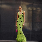 Women Sexy See Through Knitted Maxi Dress Hollow Out Deep Neck Pot Robes Tassel Hem Fork Party Vestidos 2025 New Lady Club Gown