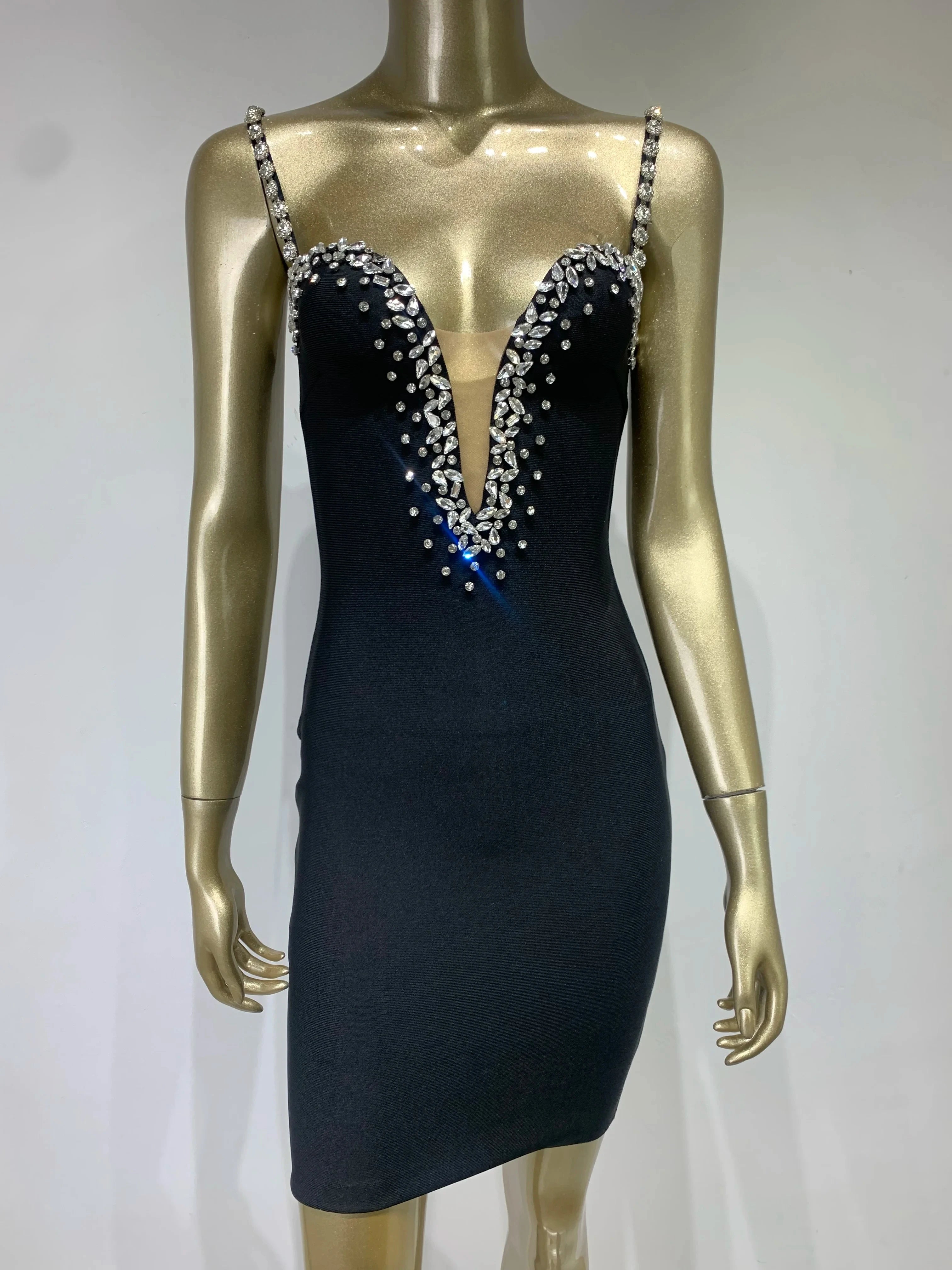 Women's Sexy V Neck Beading Diamonds Black Mini Bodycon Bandage Dresses 2026 Summer Fashion Elegant Evening Cocktail Party Dress