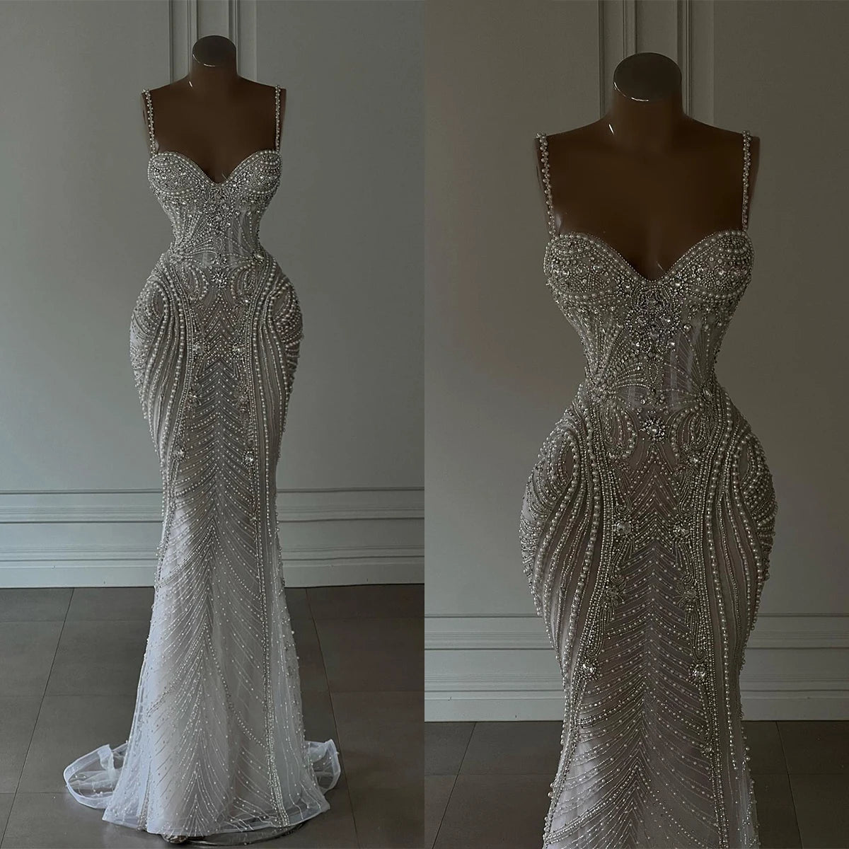 Gorgeous Mermaid Spaghetti Strap Prom Dress More Pearls Crystal Beading Evening Dress V-Neck Customized Party Gown Main image