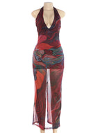 Weird Puss Diamond Print Dress Women Backless Split Colorful Halter Sexy Deep V-Neck Elegant Birthday Party Stretch Vestidos