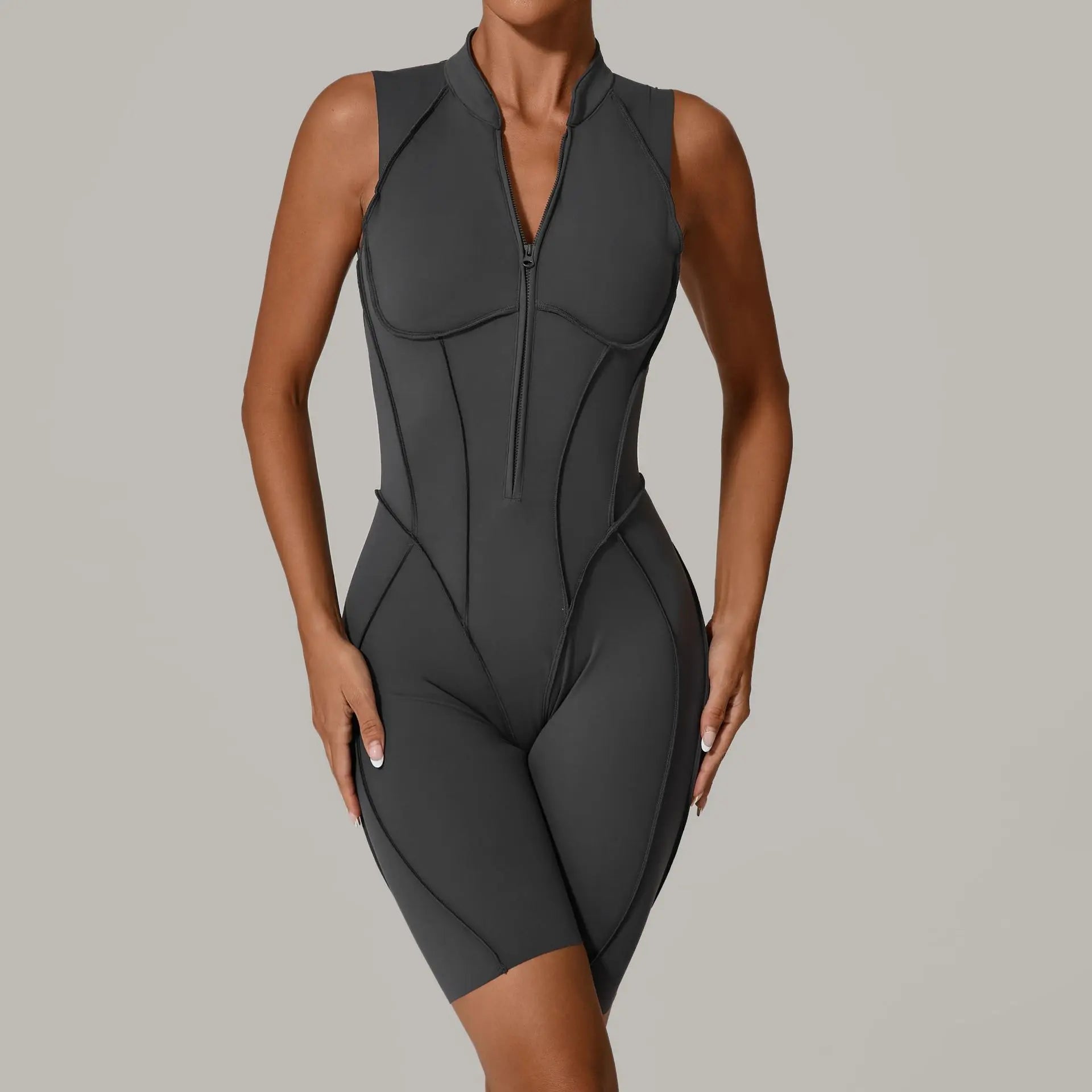 Seamless Yoga Jumpsuits Sports Fitness Zipper Hip-lifting Short-sleeved Backless Dance Workout Gym Shorts Bodysuits for Women