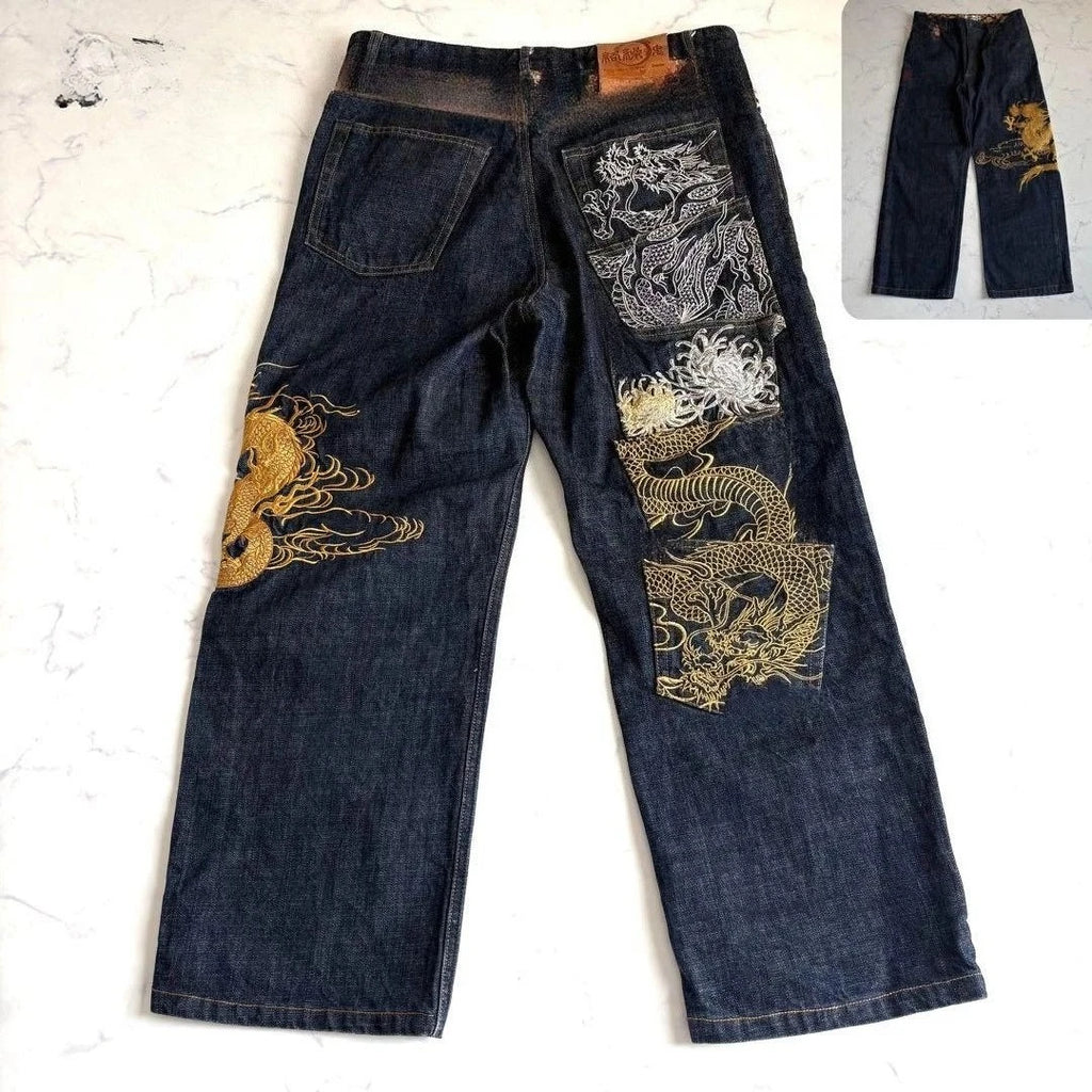 American Japanese Retro Selvedge Jeans Man Y2K High-end Brand Natural Indigo Dip Dyeing Harajuku Mopping Pants