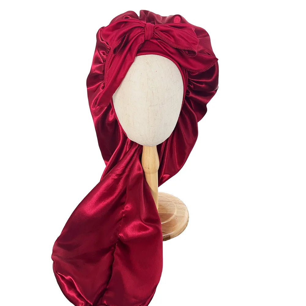 Women Bonnet Satin Sleeping Hat Long Tail Braid Hair Night Sleep Cap Head Cover Bonnets Shower Caps for Sauna Bathing Bonnet