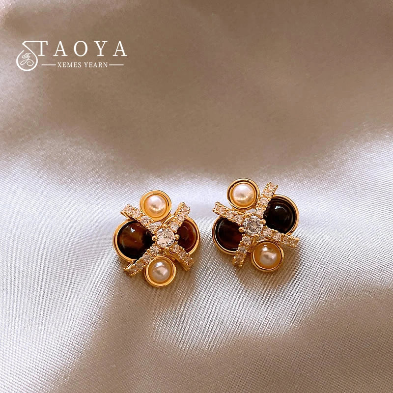 2026 New Design Natural Tiger Eye Stone Micro inlaid Zircon Geometric Earrings for Women's Trendy Jewelry Luxury Accessories Main image