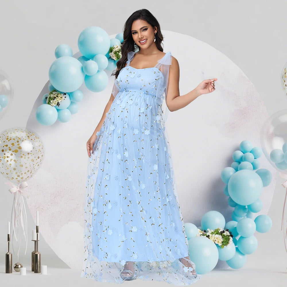 Maternity Photography Tulle Straps Evening Party Gowns Floral Embroidered Mesh Summer Long Dress for Baby Shower Photoshoot Main image