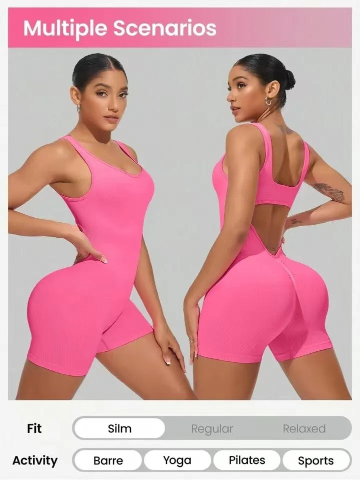 Sexy Backless Women Yoga Rompers U Neck Sleeveless Threaded Jumpsuit Solid Color Elastic Bodysuit Without Bust Pads Streetwear