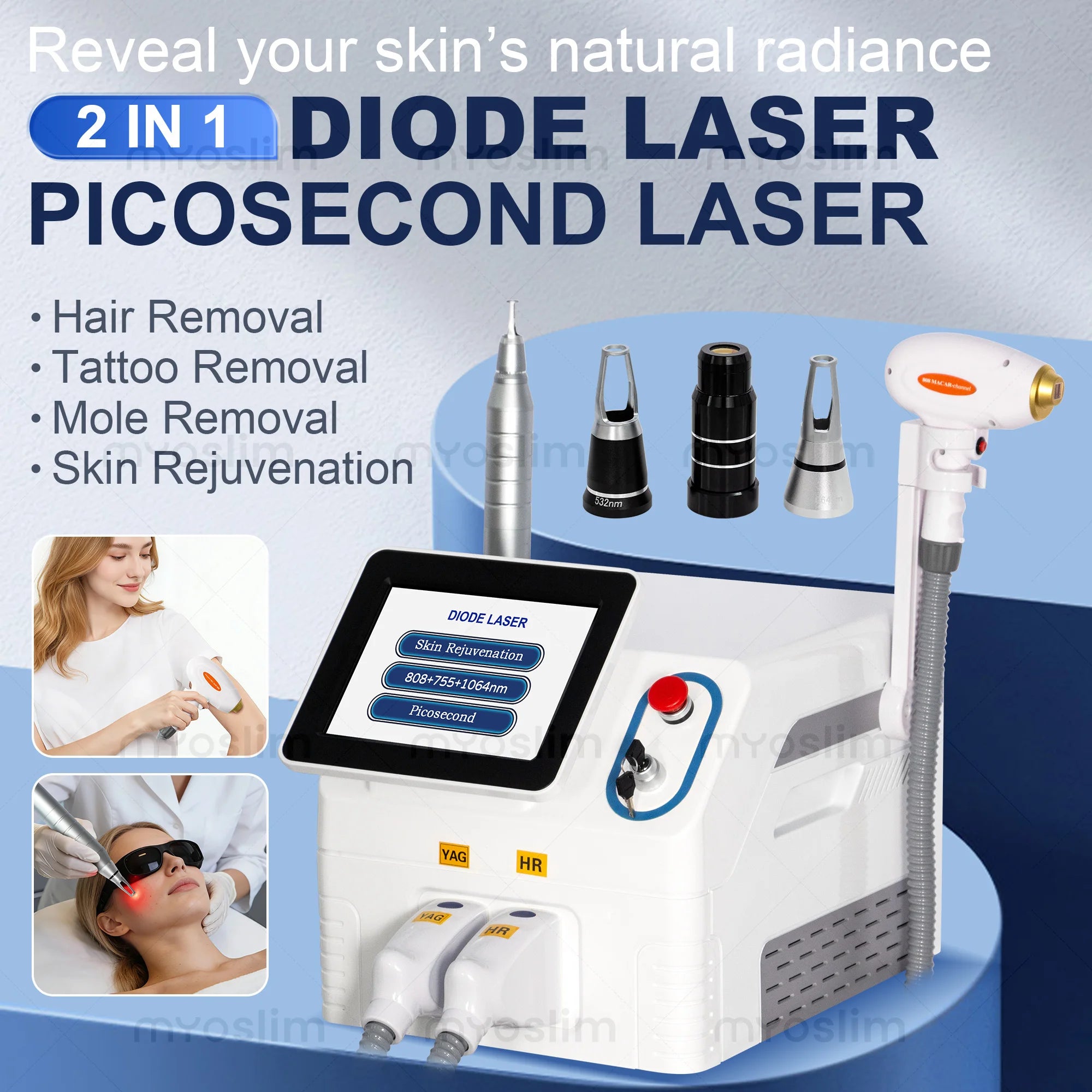 2IN1 Picosecond 808nm Diode Laser Hair Removal Machine Alexandrit 5000W Permanent Painless Tattoo Cooling Body Removal Equipment