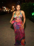 Weird Puss Diamond Print Dress Women Backless Split Colorful Halter Sexy Deep V-Neck Elegant Birthday Party Stretch Vestidos