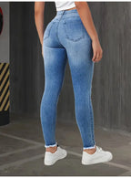 Fashion Skinny Hole Jeans Women 2026 Autumn Stretchy High Waisted Ripped Slim Retro Solid Color Denim Trousers Pants