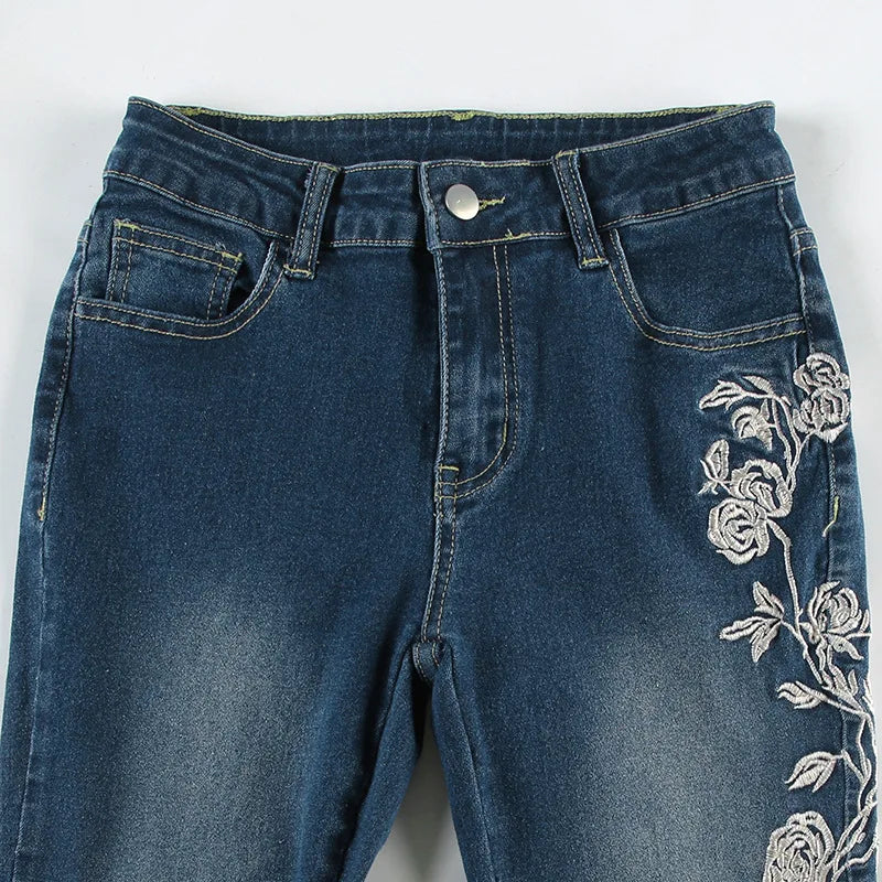 Flare Pants Jeans Women Embroidery Boot Cut Low Waist Washed Distressed Pockets Floor Length Streetwear 2025 Denim Trousers
