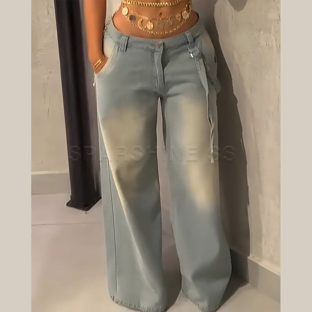 Jeans for Women Straight Pants Vintage Denims Washed Mid Waist Loose Fit Wide Leg Denim Long Pants 2025/2026 Streetwear