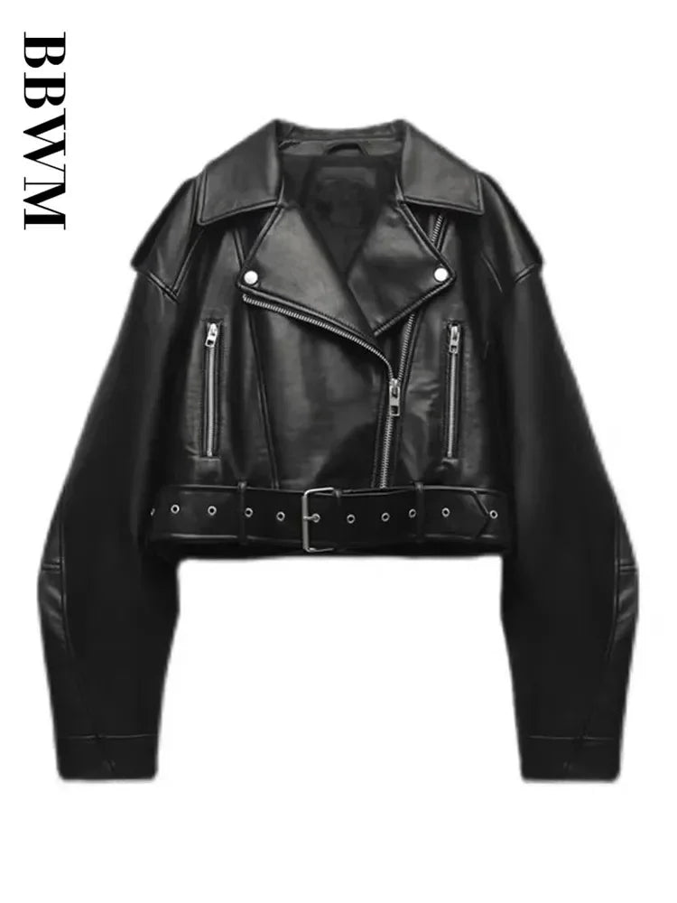 BBWM Women Oversized Vintage Loose Pu Faux Leather Short Jacket with Belt Streetwear Female Zipper Retro Moto Biker Coat Outwear Main image