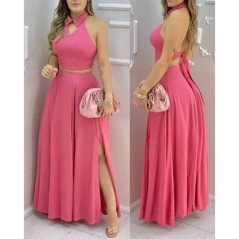 Women's Pink Two Piece Set Halter Collar Crop Top Split Maxi Skirt Ideal for Evening Parties Summer Weddings Chic Outings Main image