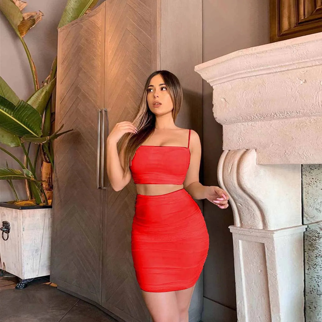 Women's New Sexy Sleeveless Strap Small Tank Top Short Top Fashion Wrinkle Bag Hip Skirt Two Piece Set