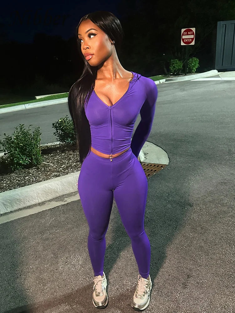 Nibber Sporty Casual 2 Piece Set Women Tracksuit Hooded Zip Crop Tops+Leggings Fitness Soft Stretch Streetwear Activity Suit