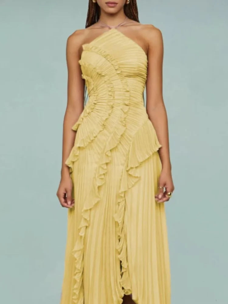 Chic Elegant Lotus Edge Maxi Dress Slim Fit Backless Lace Up Halter Robes Sleeveless Party Vestidos 2026 Nw Lady Vacation Gowns