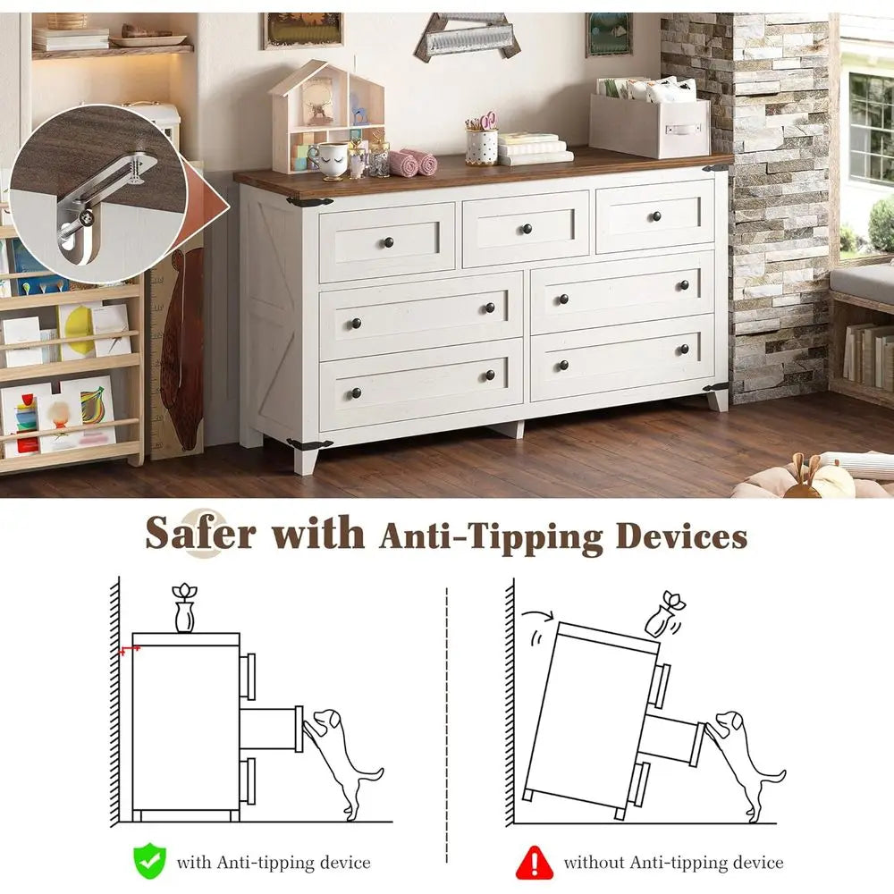 Drer or Bedroom with 7 Ders White Drer with Smooth Metal Rail TV Stand or Bedroom, Hallway, 15" D x 51.2" W x 31.5" H, Antique W