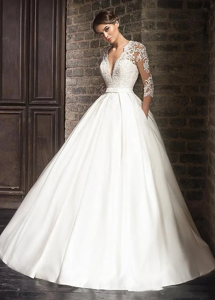 Elegant Lace Wedding Dresses vestido de novia 2026 Half Sleeves V-Neck Bride Dress Sweep Train Pockets Customize Robe De Mariee