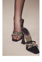 2026 NEW High Quality Luxury Heels Women's Sandals Designer Shoes Rhinestone Square Toe Open Toe Slides Женская Обувь