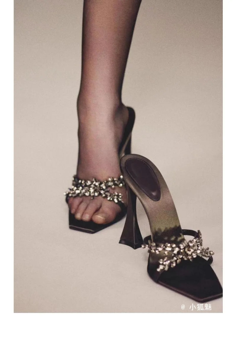 2026 NEW High Quality Luxury Heels Women's Sandals Designer Shoes Rhinestone Square Toe Open Toe Slides Женская Обувь