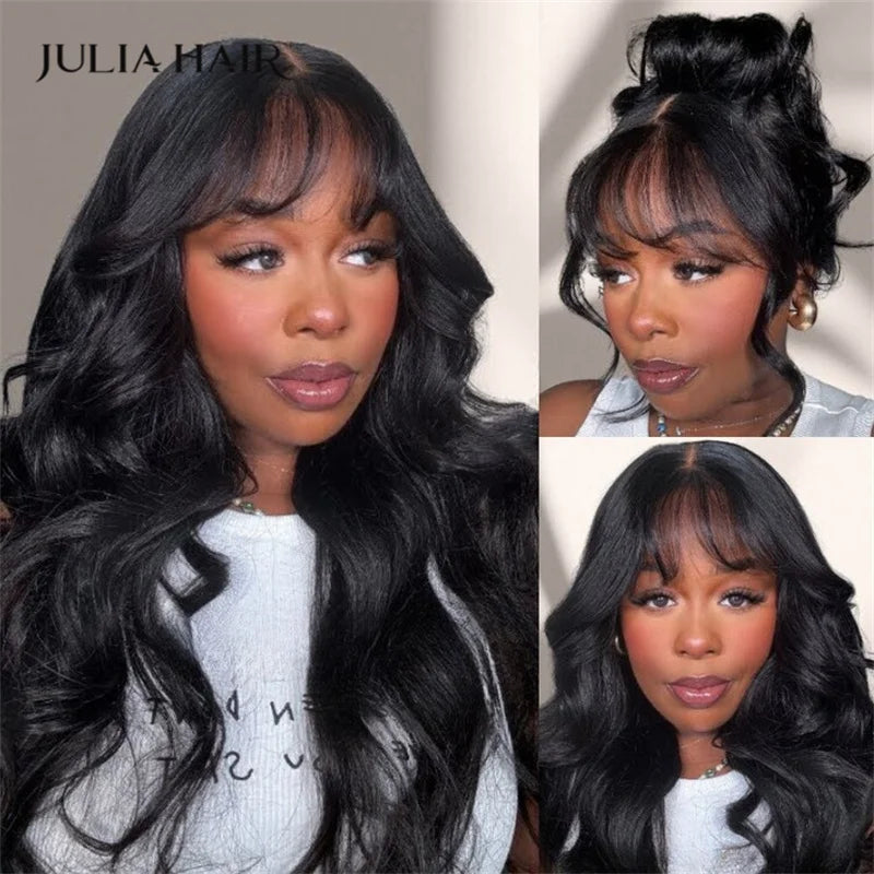 Julia Hair 13X4 Bangs Lace Front Wig Human Hair Wear and Go Glueless Wig Brazilian Loose Wave Human Hair Wig Density 150%
